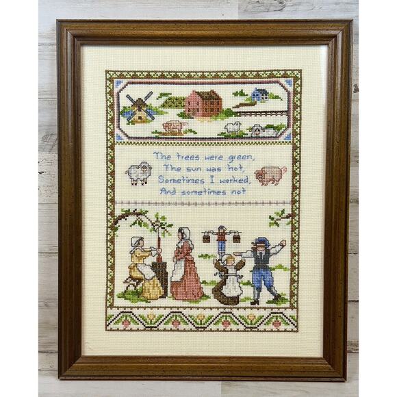 1985 Finished Framed Counted Cross Stitch Prairie Pilgrim Sampler 15x12 - Picture 1 of 8